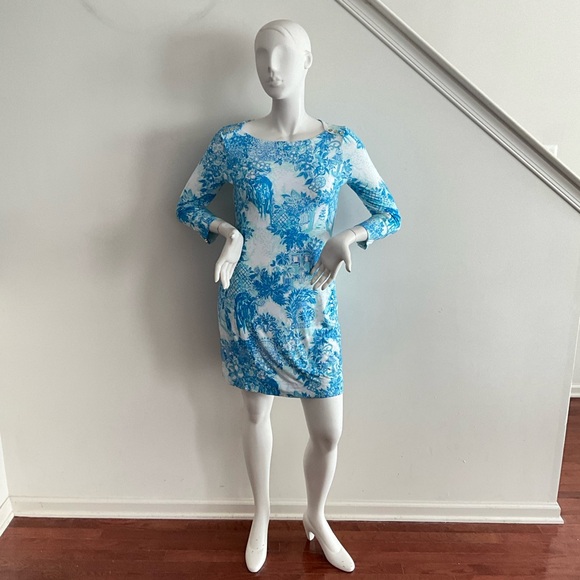 Lilly Pulitzer Blue Toile Me About It Sophie Dress White Long Sleeve UPF 50 L - Picture 10 of 12